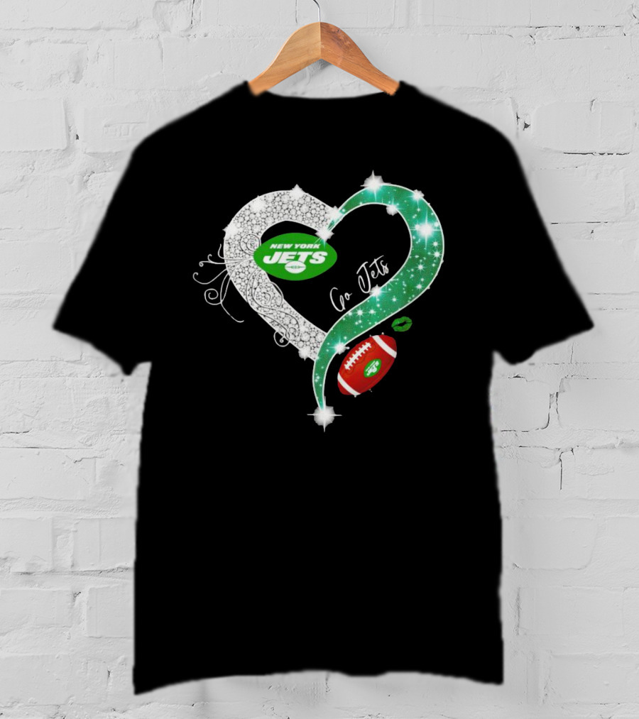 New York Jets Go Jets Diamond Heart Green Football Sparkle T-Shirt