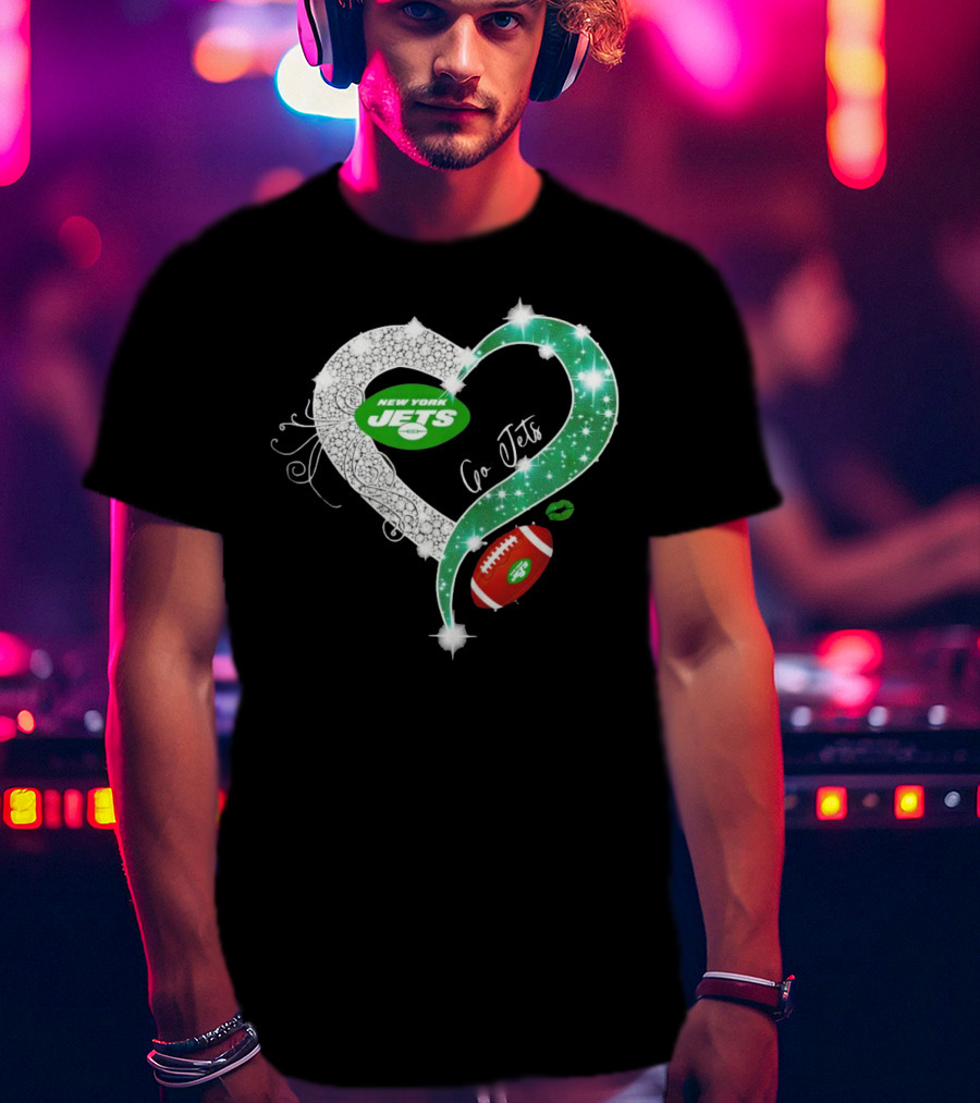 New York Jets Go Jets Diamond Heart Green Football Sparkle T-Shirt