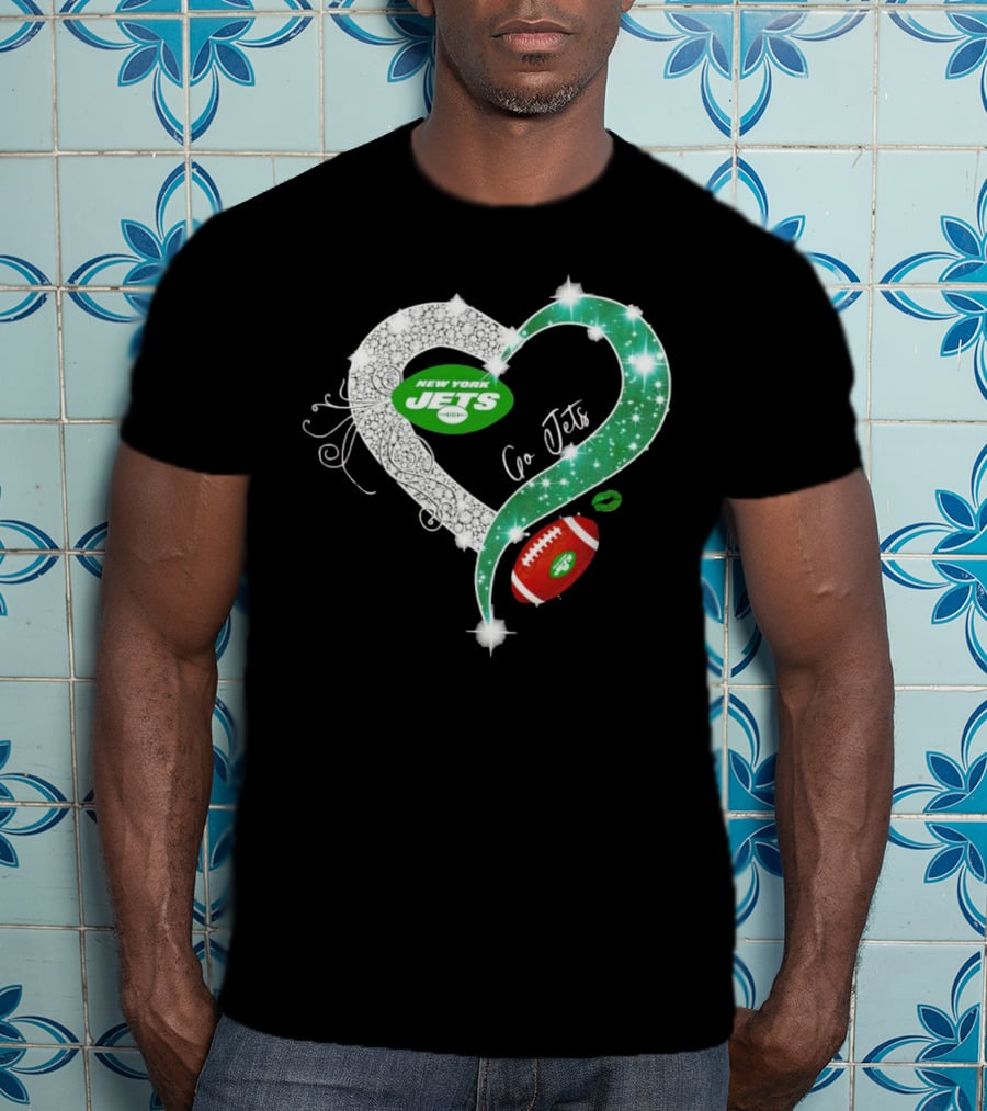 New York Jets Go Jets Diamond Heart Green Football Sparkle T-Shirt