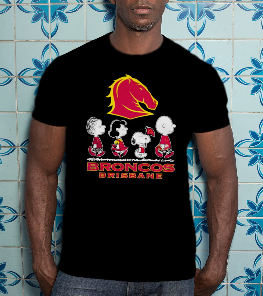 Broncos Brisbane Peanuts Characters Walking Under Horse T-Shirt