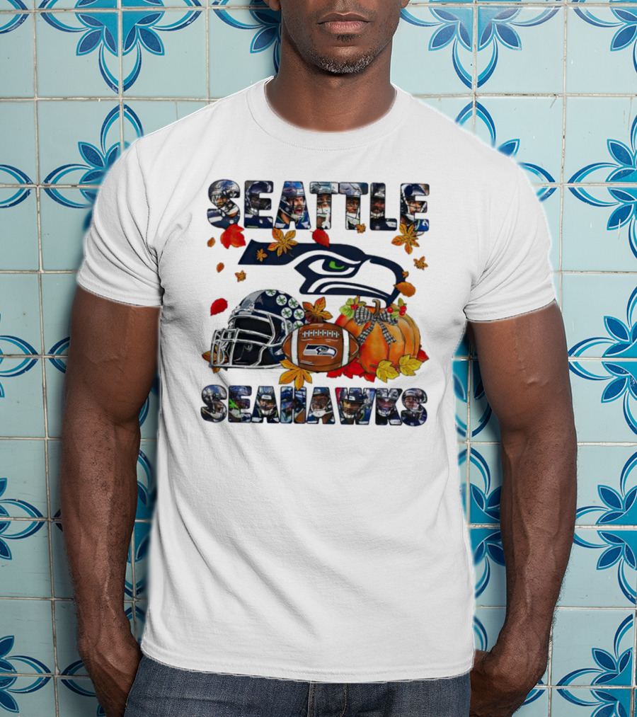 Seattle Seahawks Autumn Leaf Helmet Football Pumpkin T-Shirt