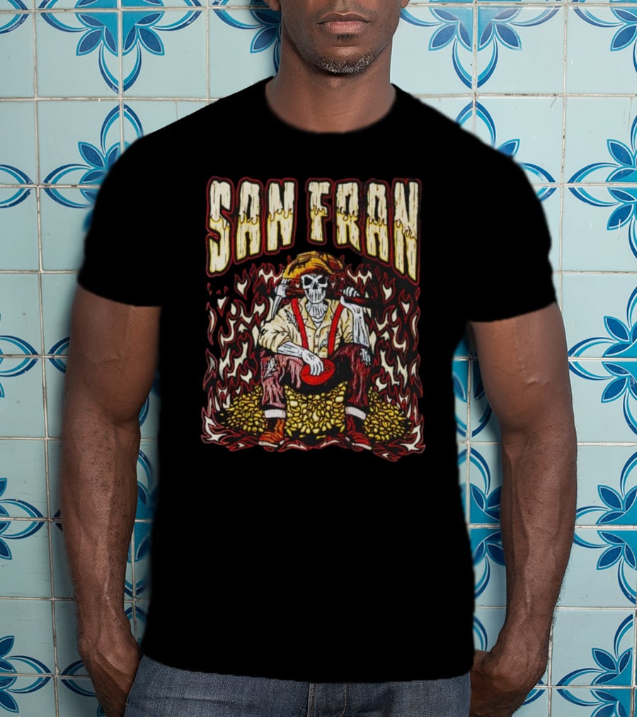 San Fran Skeleton Sitting Amidst Flames And Gold T-Shirt