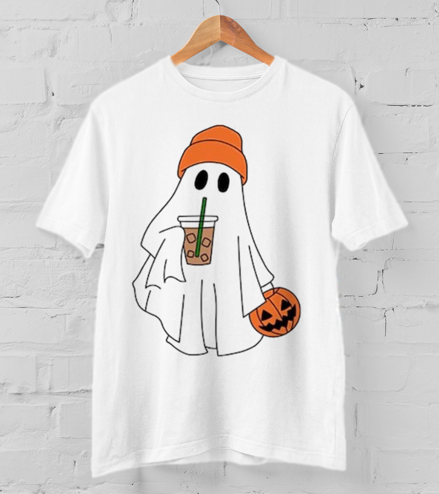 Cute Ghost Drinking Ice Coffee With Pumpkin Hat T-Shirt