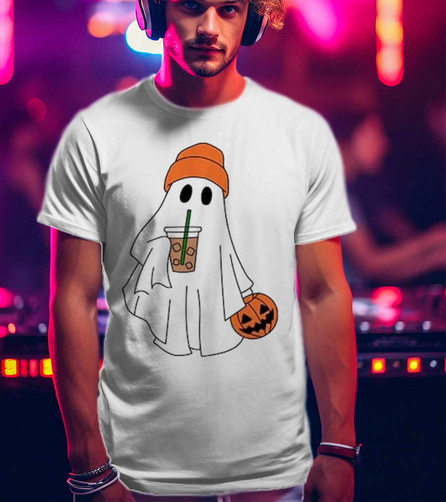 Cute Ghost Drinking Ice Coffee With Pumpkin Hat T-Shirt
