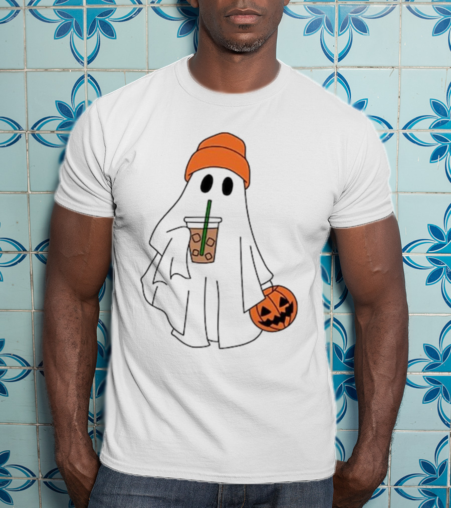 Cute Ghost Drinking Ice Coffee With Pumpkin Hat T-Shirt
