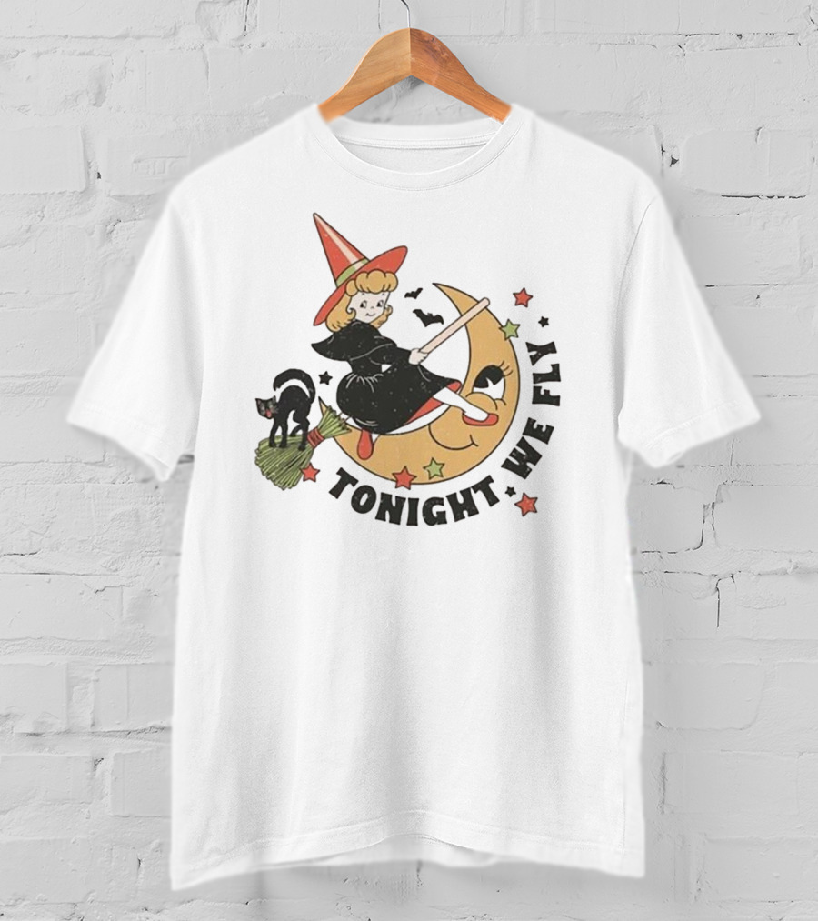 Tonight We Fly Witch On Moon Halloween Cat Stars T-Shirt