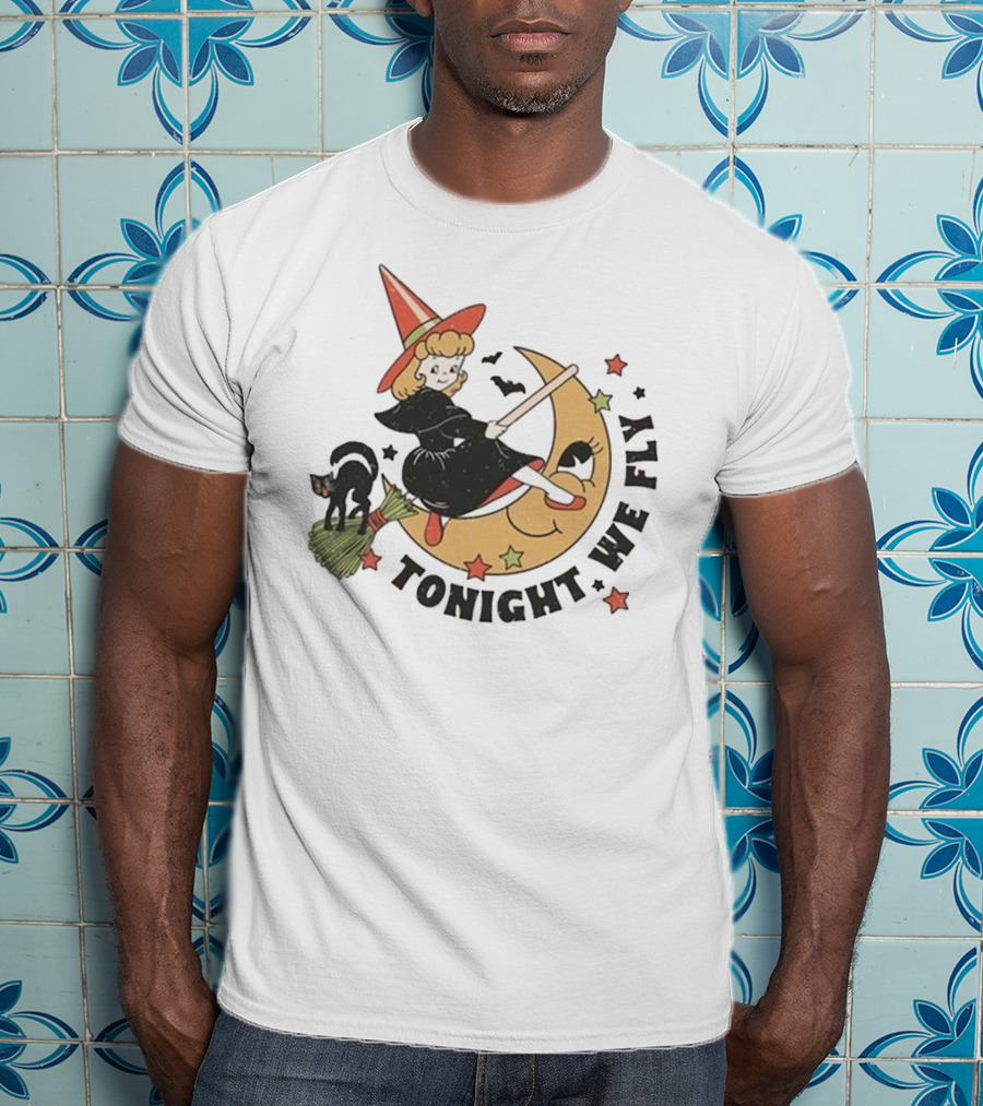 Tonight We Fly Witch On Moon Halloween Cat Stars T-Shirt