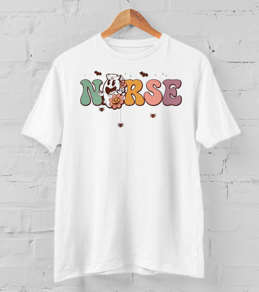 Halloween Nurse Spooky Cartoon Bats Cute Smiling Flower T-Shirt