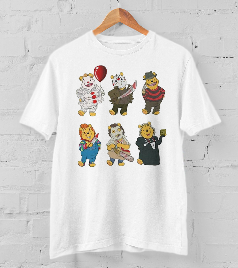 Pooh Bear Halloween Horror Characters Pennywise Jason Freddy Chucky Leatherface Pinhead T-Shirt