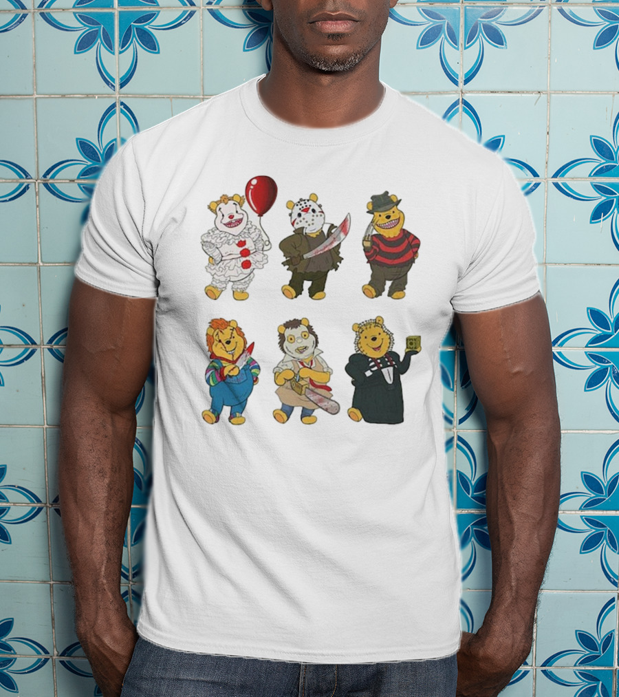Pooh Bear Halloween Horror Characters Pennywise Jason Freddy Chucky Leatherface Pinhead T-Shirt