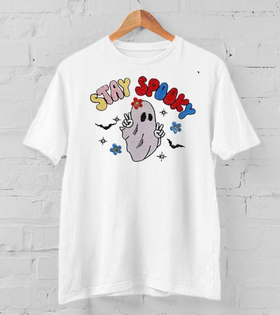 Stay Spooky Ghost With Flowers And Peace Signs T-Shirt