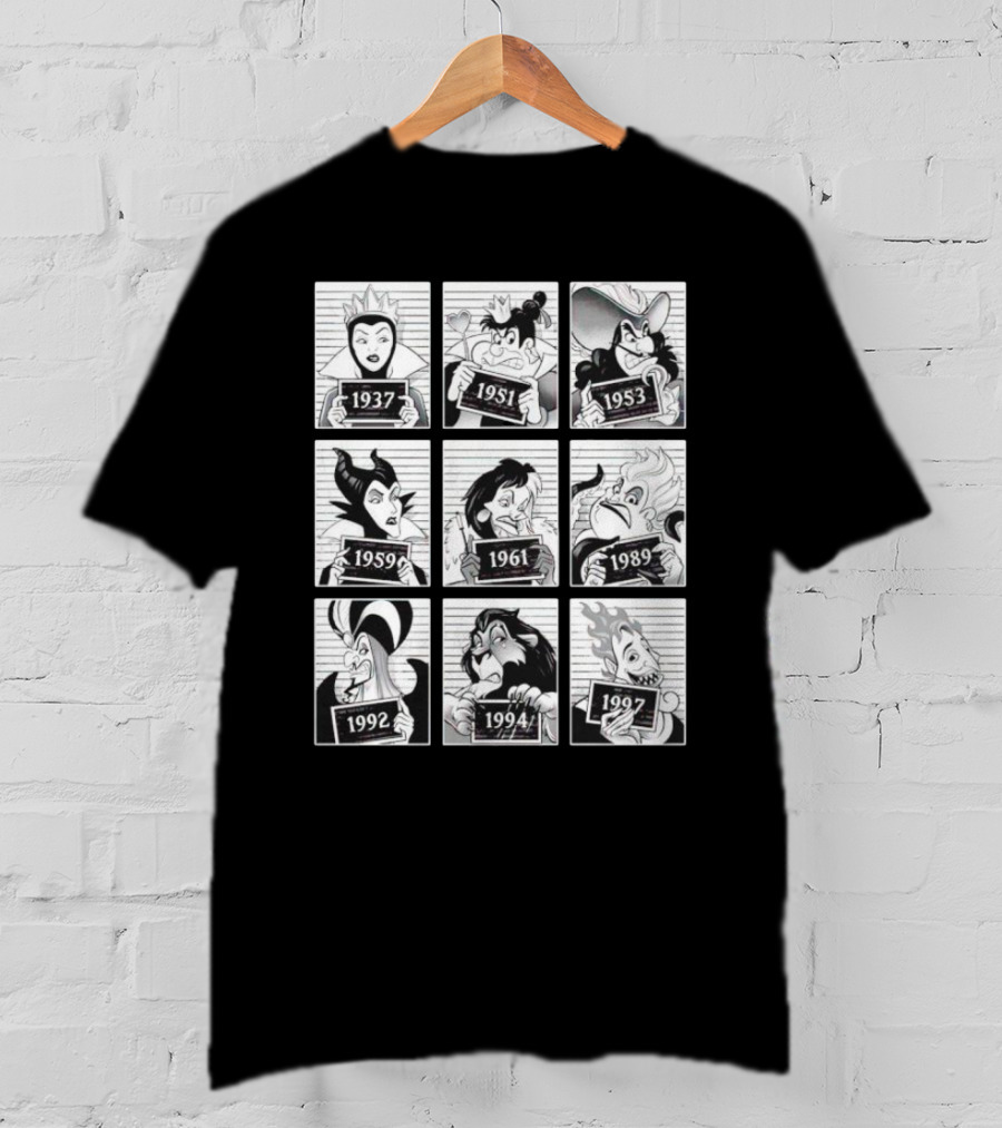 Walt Disney Cartoon Main Antagonists Year Lineup Mugshots 1937 To 1997 T-Shirt