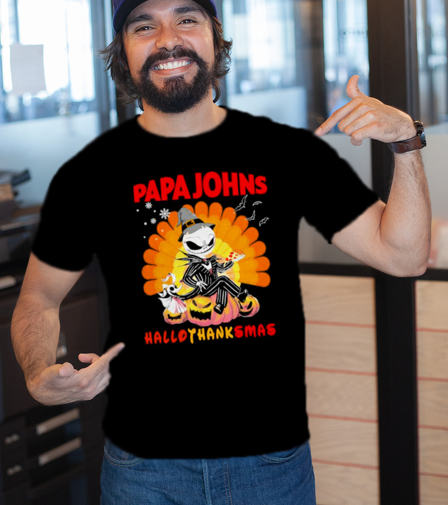 Papa Johns Jack Skellington Halloween HalloThanksMas Turkey Pizza T-Shirt