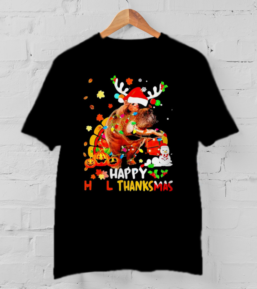 Happy Hallothanksmas Santa Hippopotamus Pumpkin Snowman T-Shirt