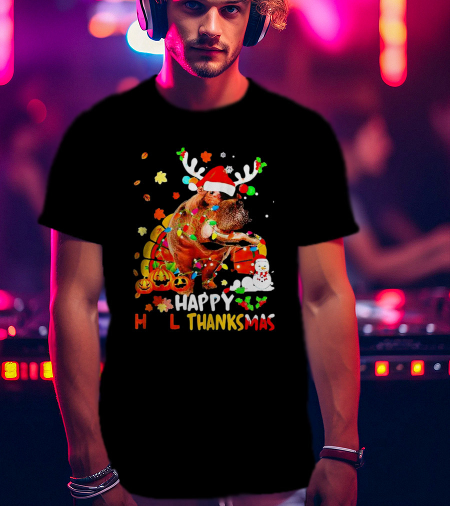 Happy Hallothanksmas Santa Hippopotamus Pumpkin Snowman T-Shirt