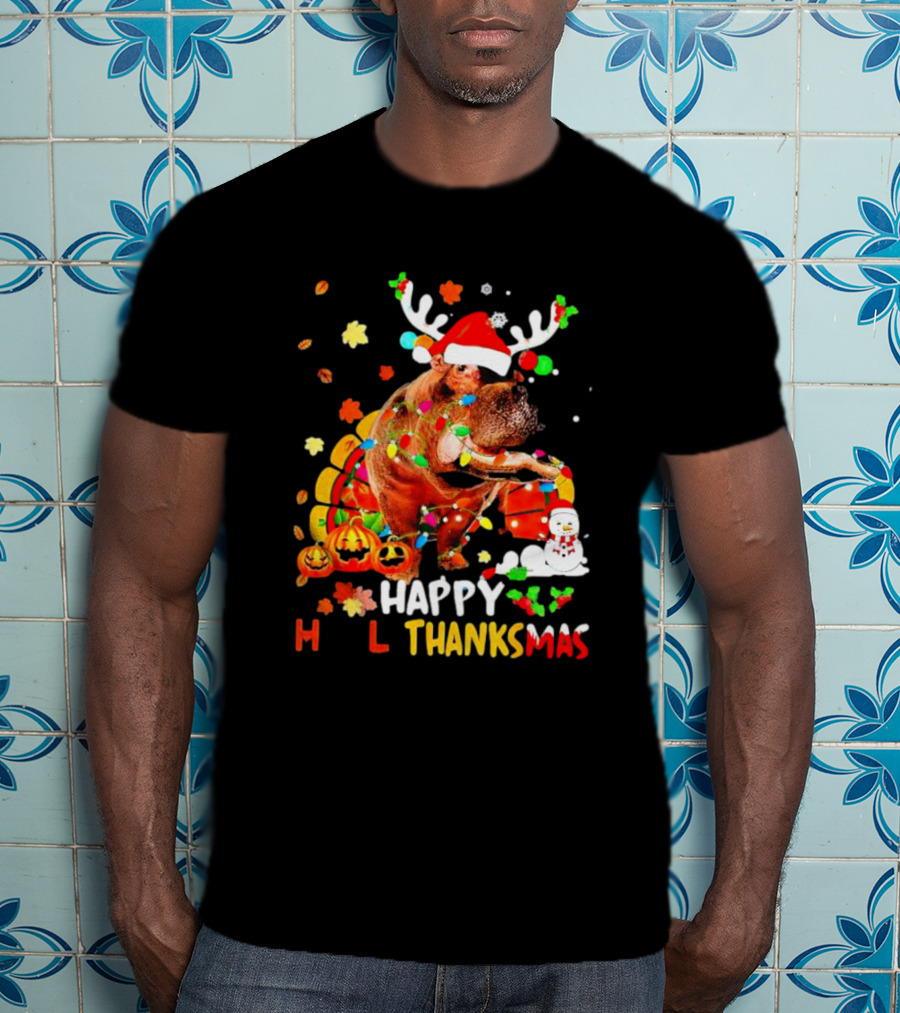 Happy Hallothanksmas Santa Hippopotamus Pumpkin Snowman T-Shirt