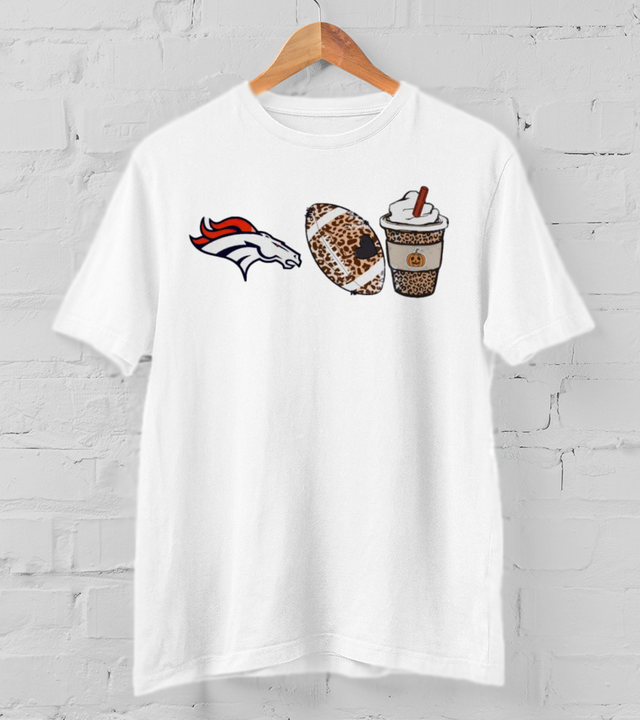 Denver Broncos Fall Season Leopard Theme With Football And Pumpkin Spice Latte T-Shirt