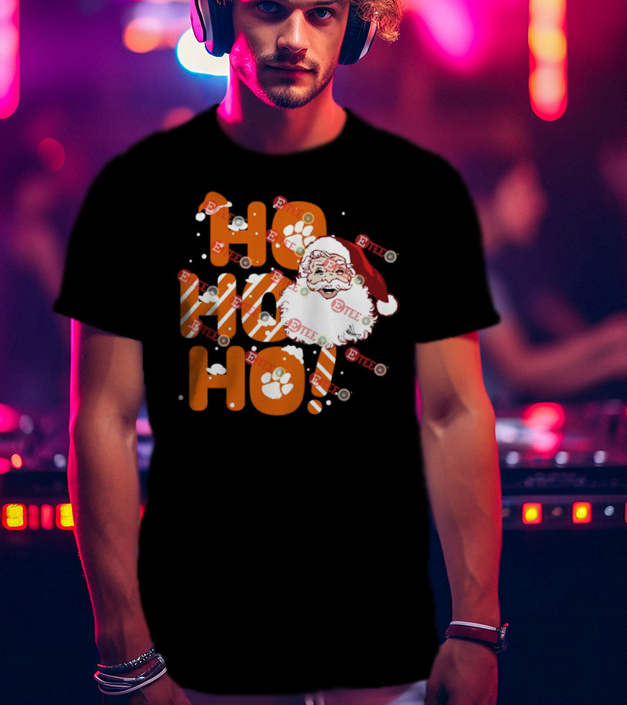 Clemson Tigers Santa Claus Ho Ho Ho Christmas Paw Print Snowflakes T-Shirt