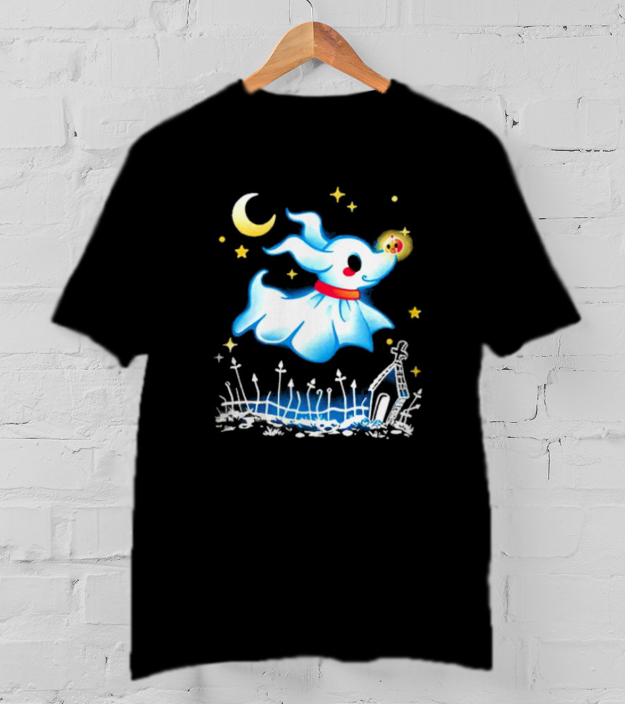 Flying Ghost Dog With Moon And Stars Halloween Scene T-Shirt