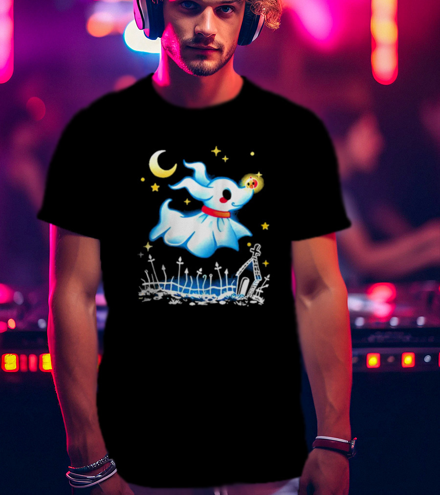 Flying Ghost Dog With Moon And Stars Halloween Scene T-Shirt