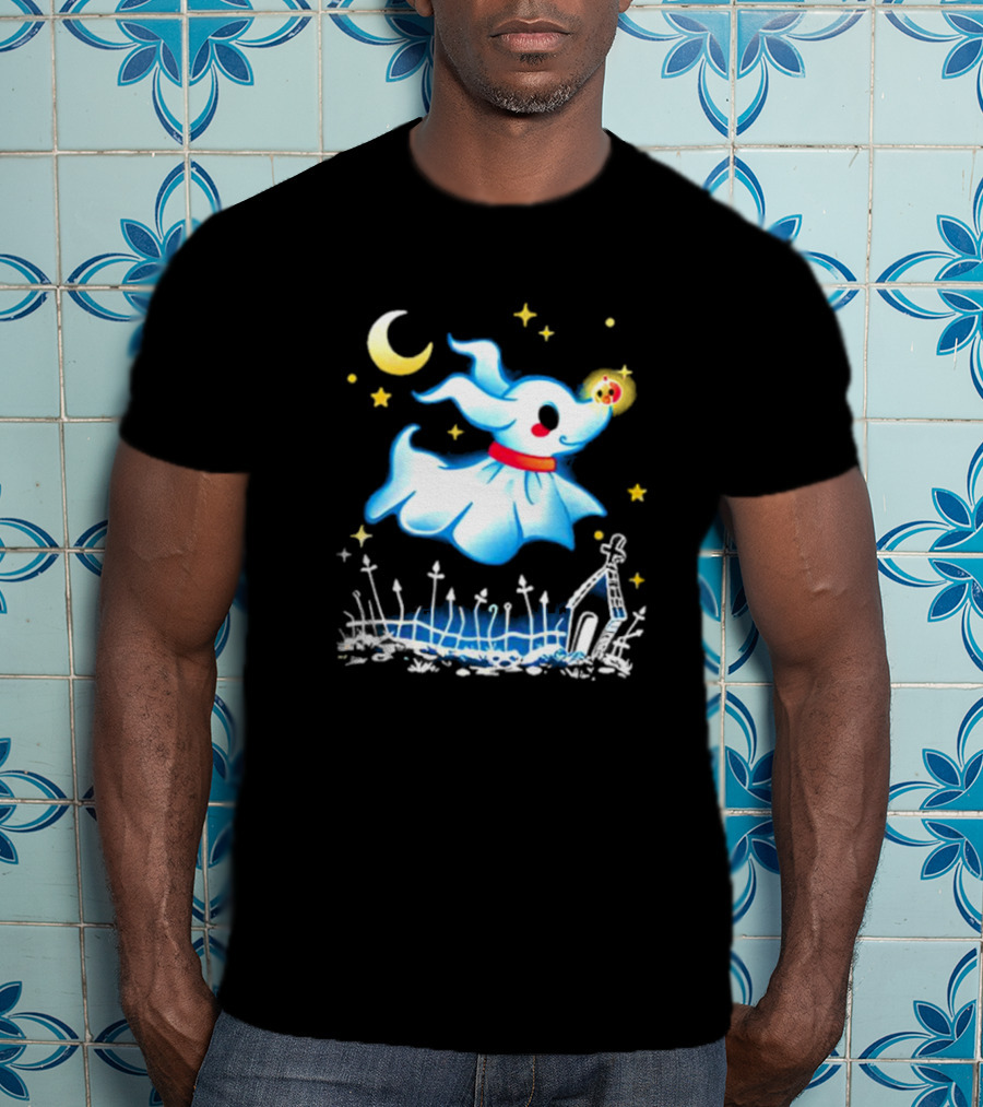 Flying Ghost Dog With Moon And Stars Halloween Scene T-Shirt