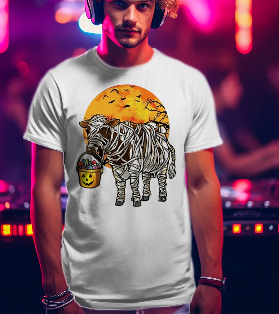 Mummified Cow Trick-or-Treating Under Full Halloween Moon T-Shirt