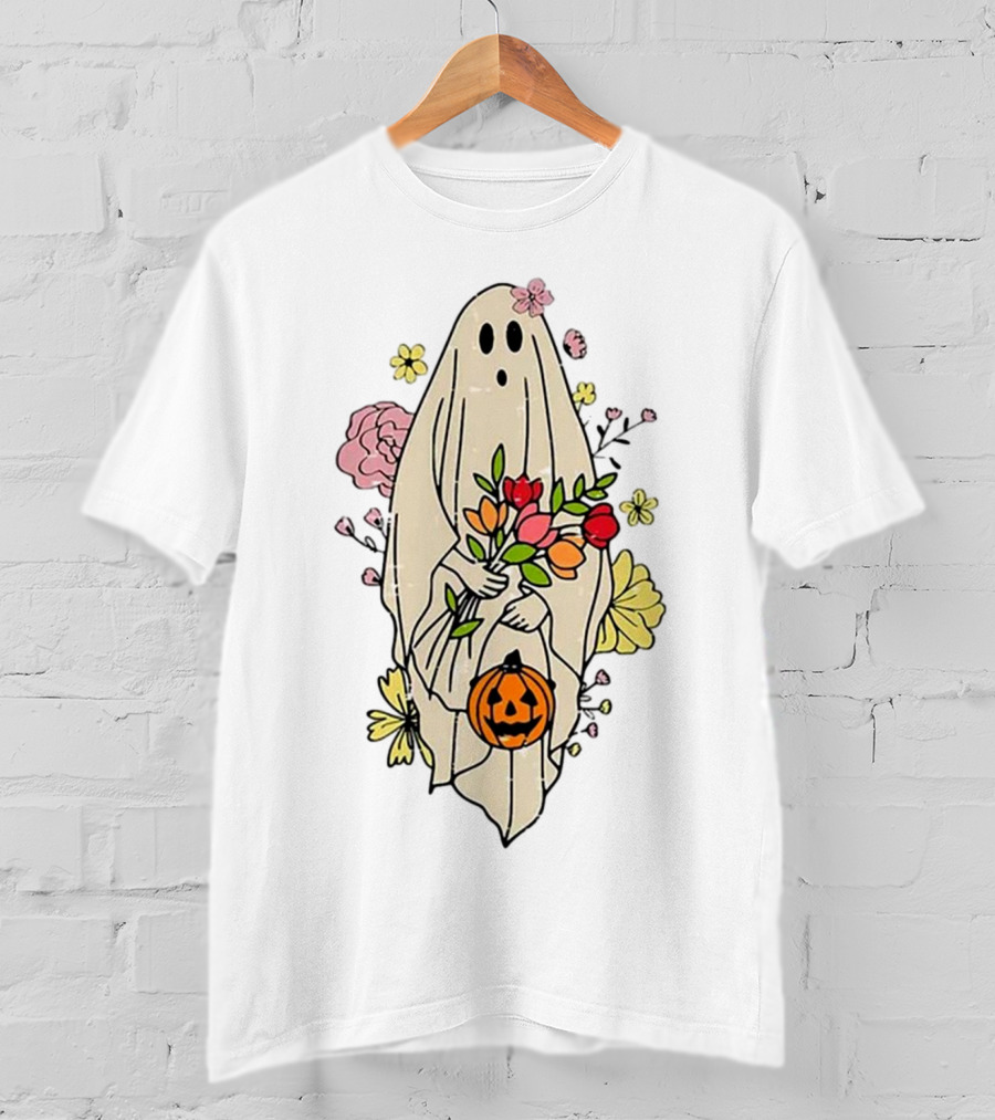 Halloween Pumpkin Costume Funny Vintage Cute Floral Ghost Bouquet T-Shirt