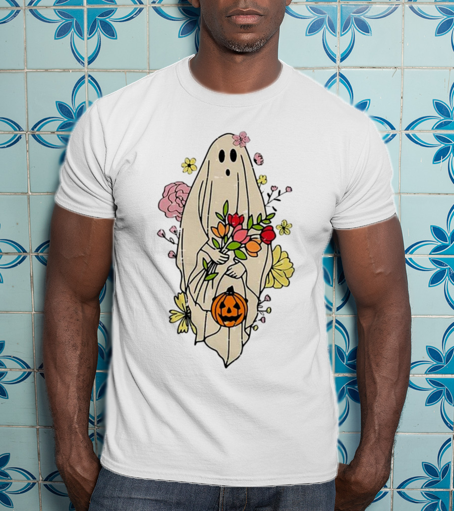 Halloween Pumpkin Costume Funny Vintage Cute Floral Ghost Bouquet T-Shirt
