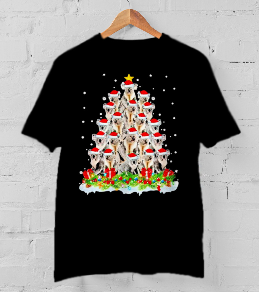Koala Christmas Tree With Santa Hats Snowflakes And Gifts T-Shirt