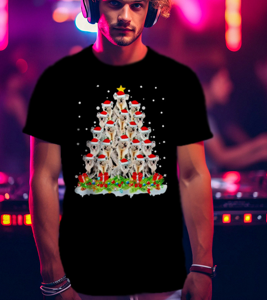Koala Christmas Tree With Santa Hats Snowflakes And Gifts T-Shirt