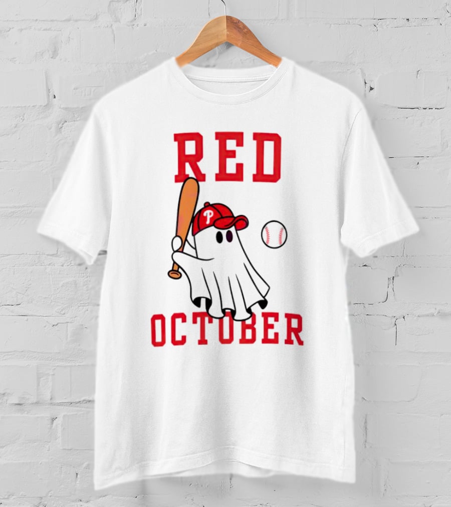 Phillies Red October Ghost Baseball Player In Cap And Bat T-Shirt