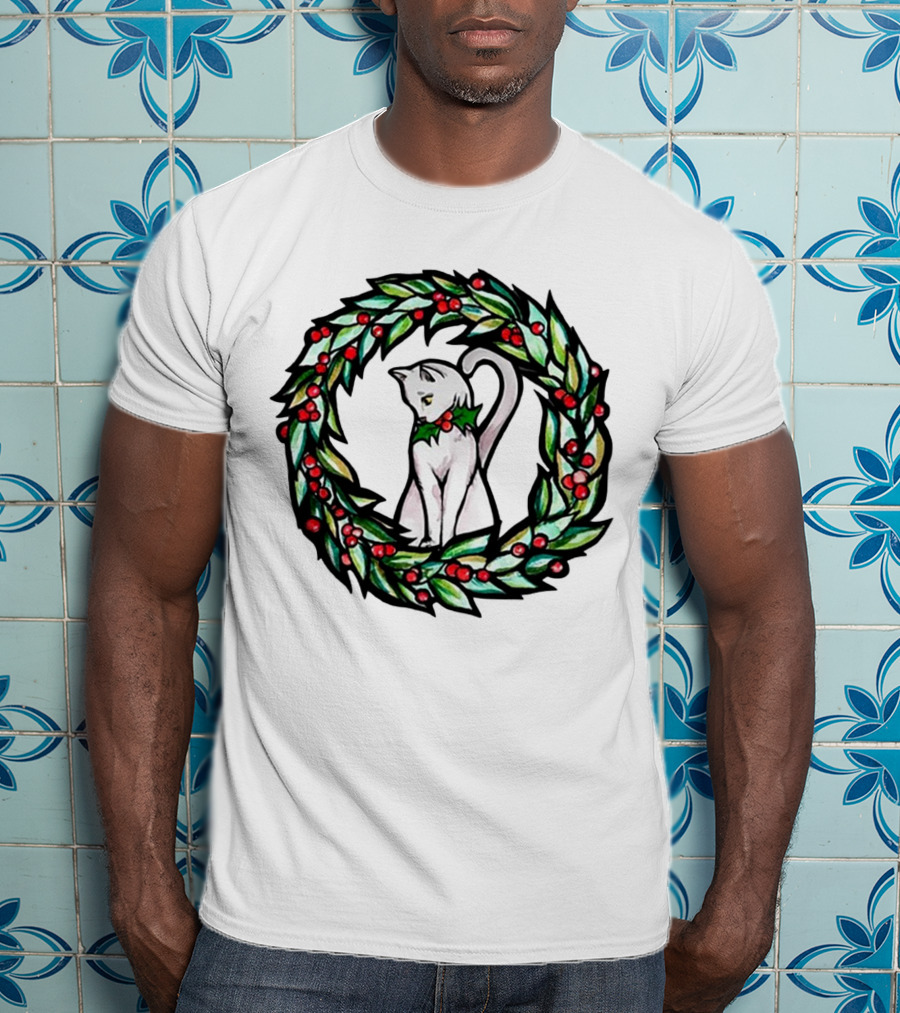 White Cat In Christmas Wreath With Holly And Berries T-Shirt