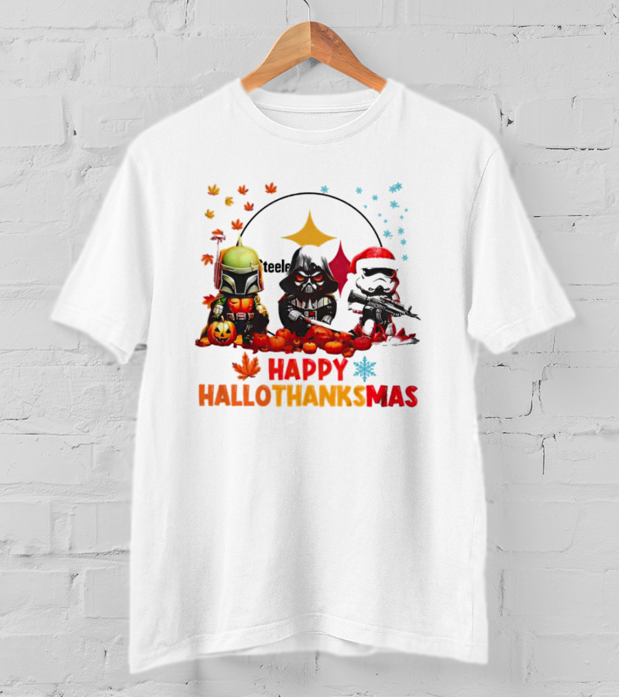 Star Wars Chibi Steelers Happy Hallothanksmas Pumpkins Leaves Snowflakes T-Shirt