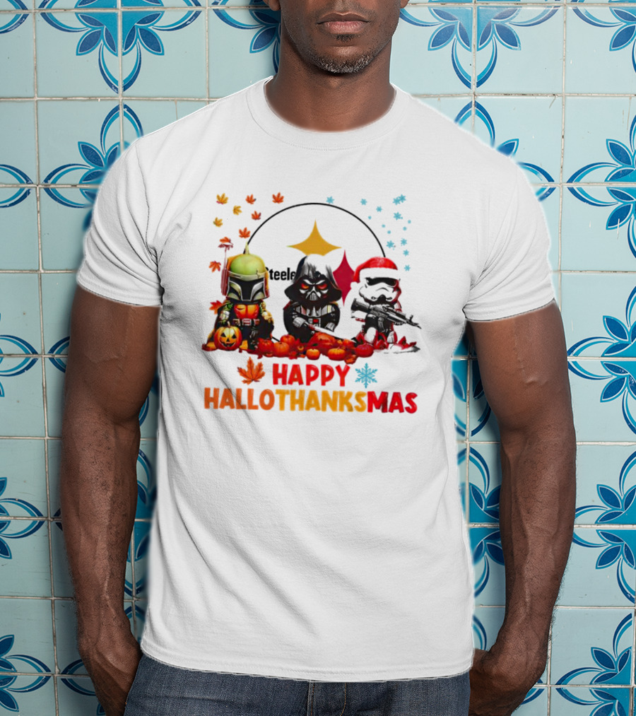 Star Wars Chibi Steelers Happy Hallothanksmas Pumpkins Leaves Snowflakes T-Shirt