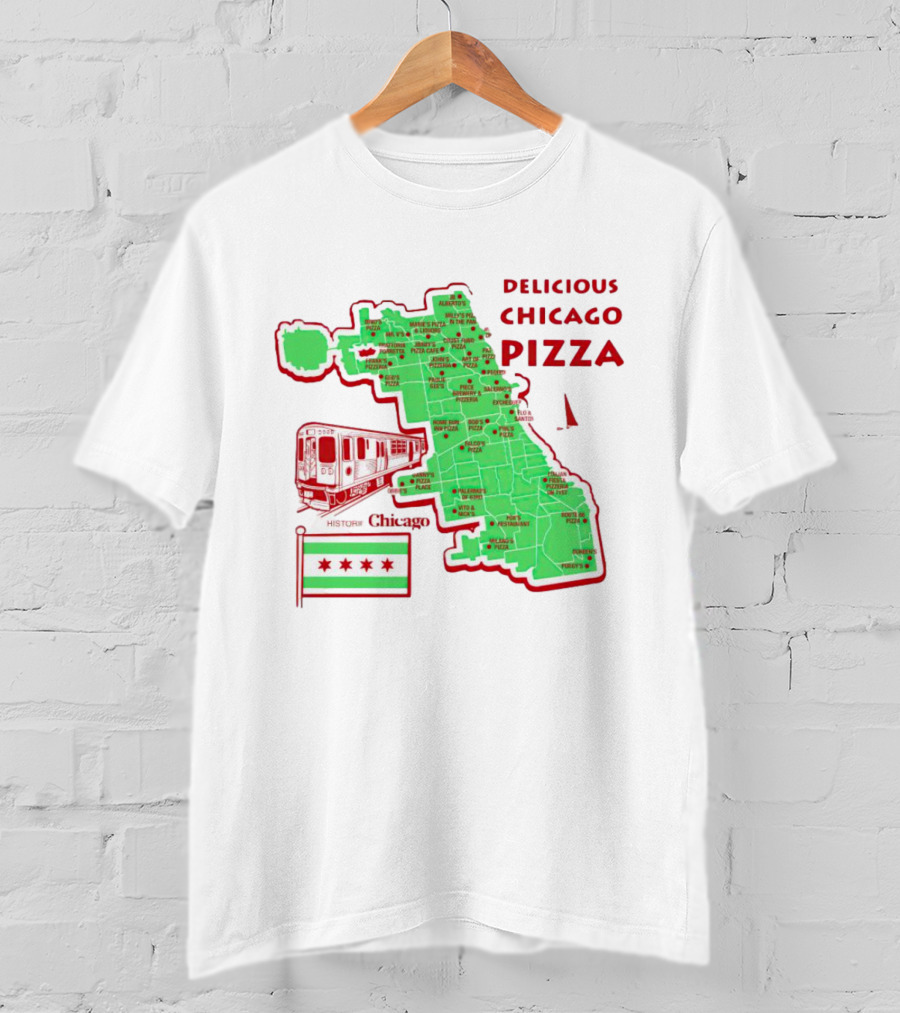 Chicago Map Train Flag Delicious Chicago Pizza T-Shirt