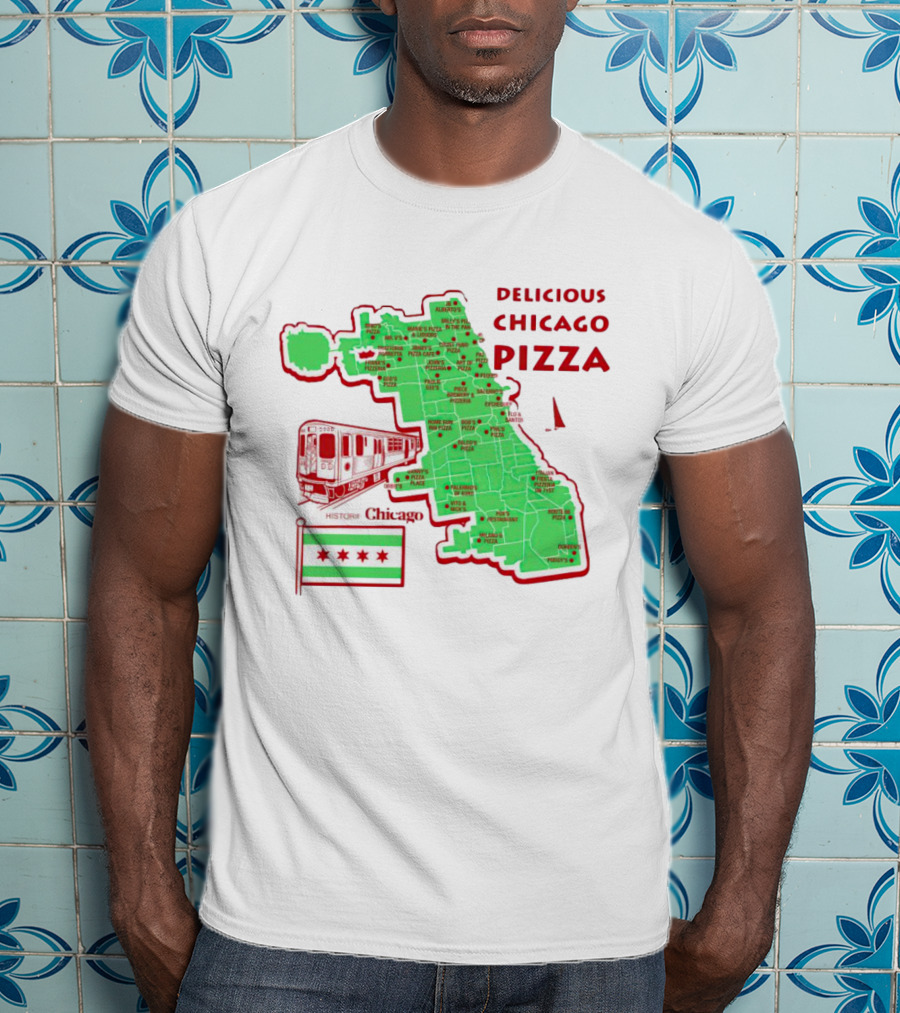 Chicago Map Train Flag Delicious Chicago Pizza T-Shirt