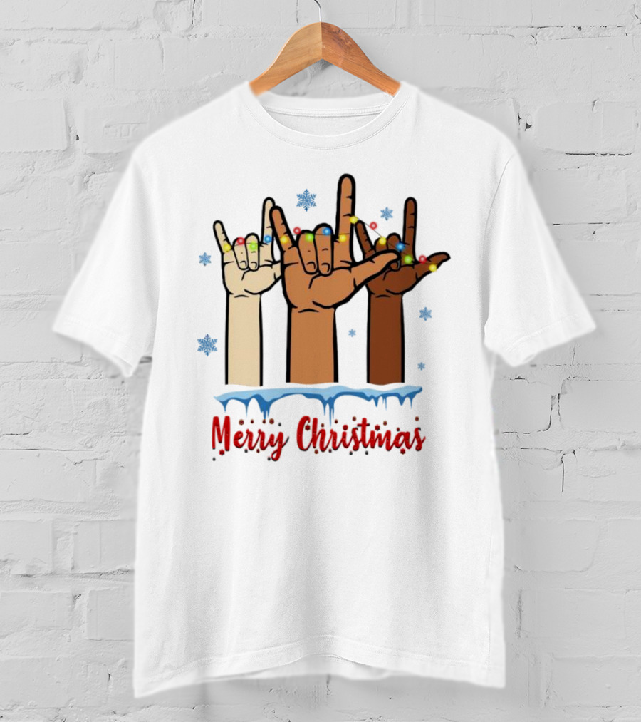 Merry Christmas Deaf Awareness Hand Sign Language With Snowflakes And Festive Lights T-Shirt