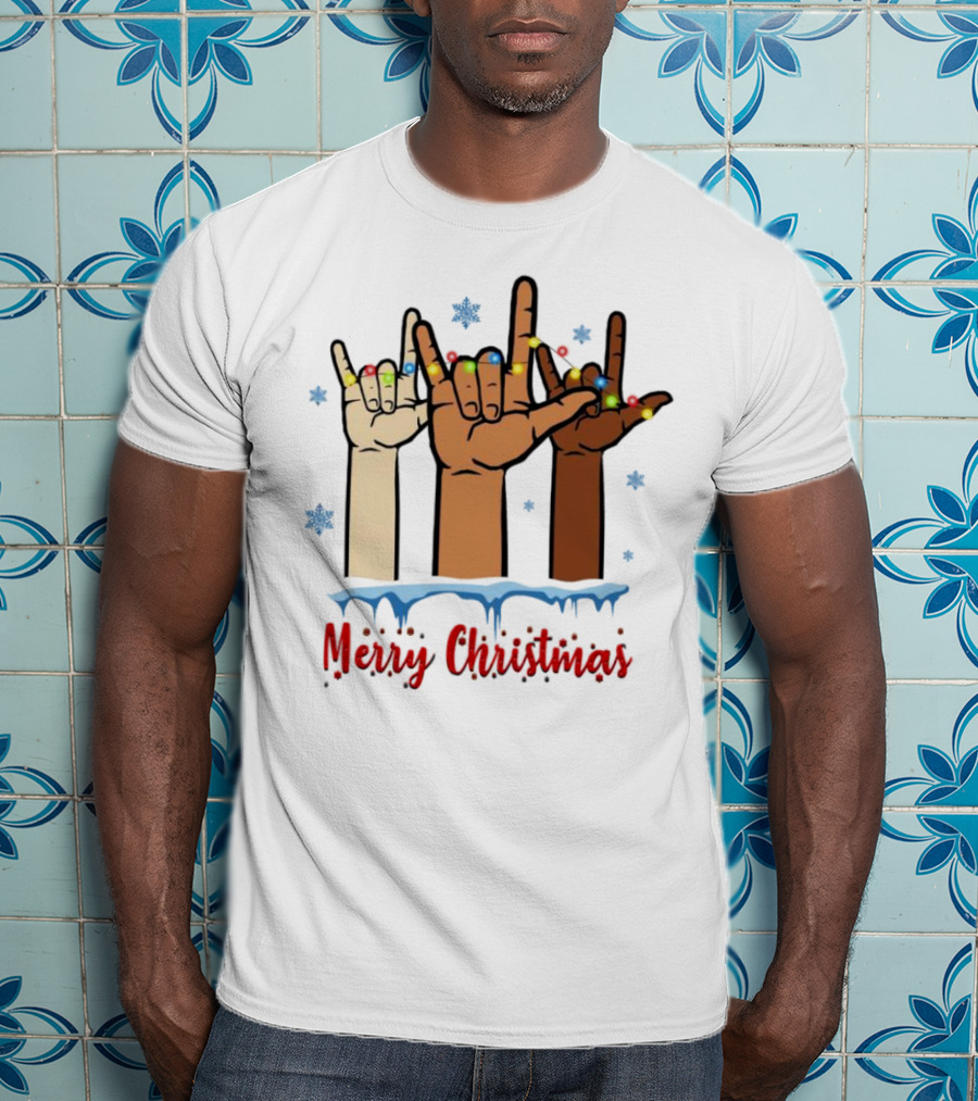 Merry Christmas Deaf Awareness Hand Sign Language With Snowflakes And Festive Lights T-Shirt