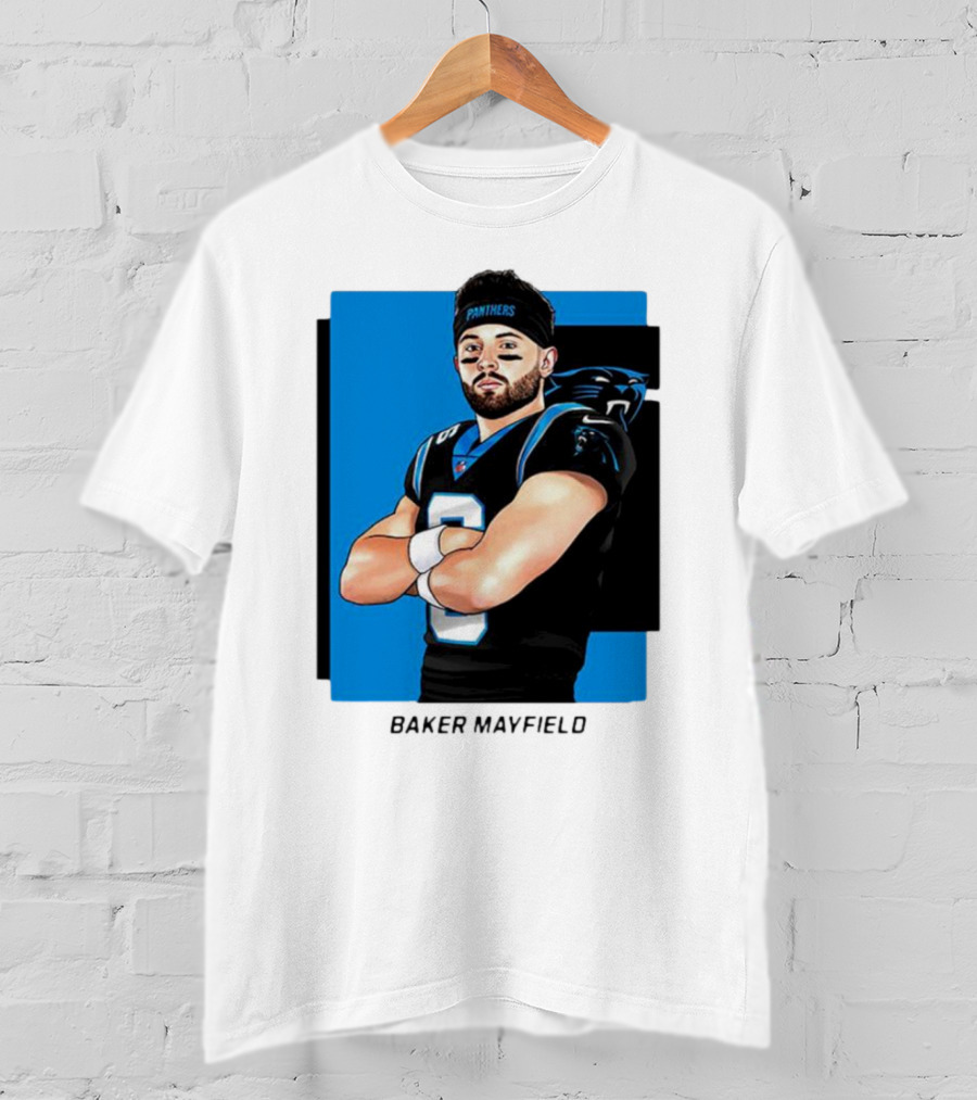 Carolina Panthers Baker Mayfield Artwork With Team Uniform T-Shirt