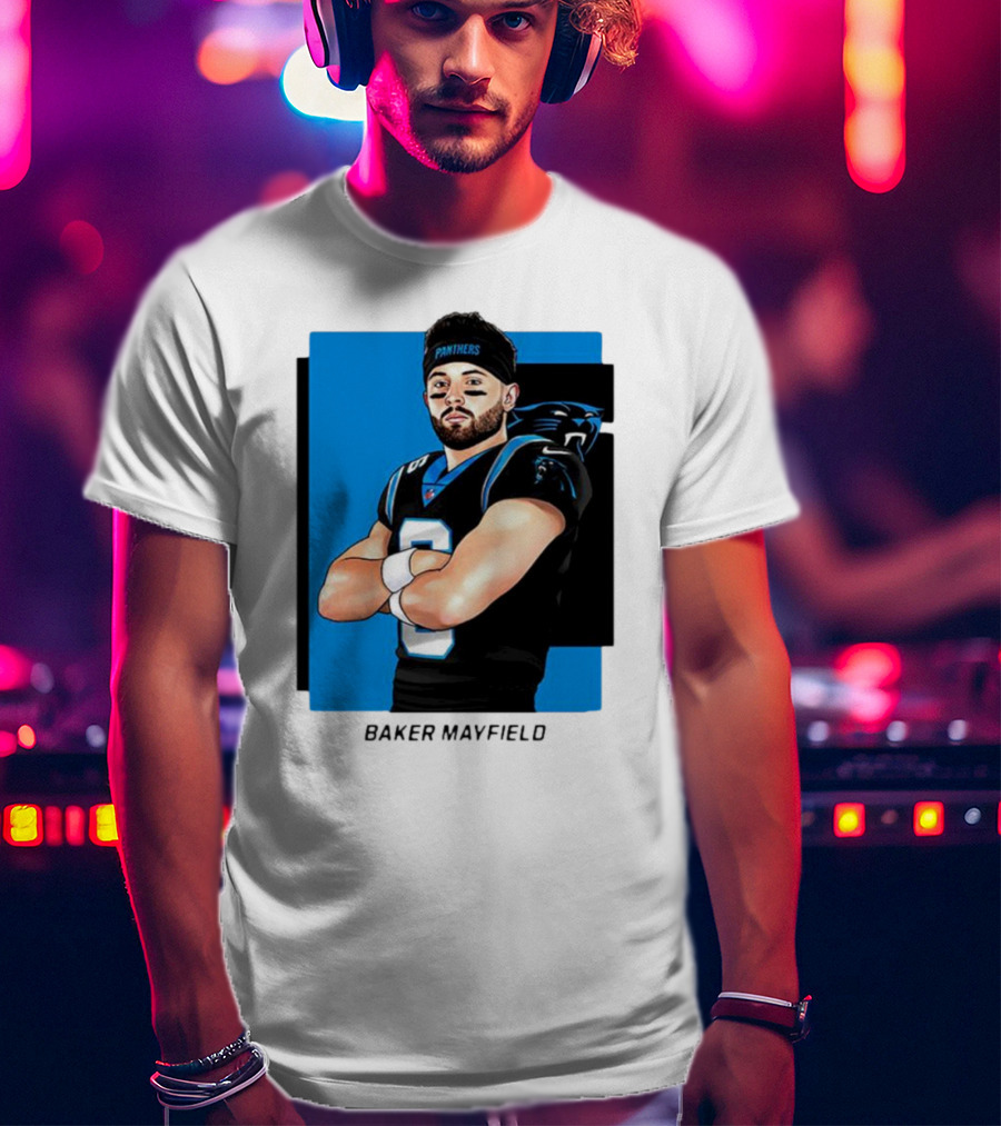 Carolina Panthers Baker Mayfield Artwork With Team Uniform T-Shirt