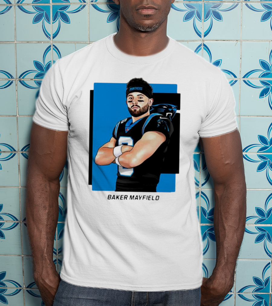 Carolina Panthers Baker Mayfield Artwork With Team Uniform T-Shirt
