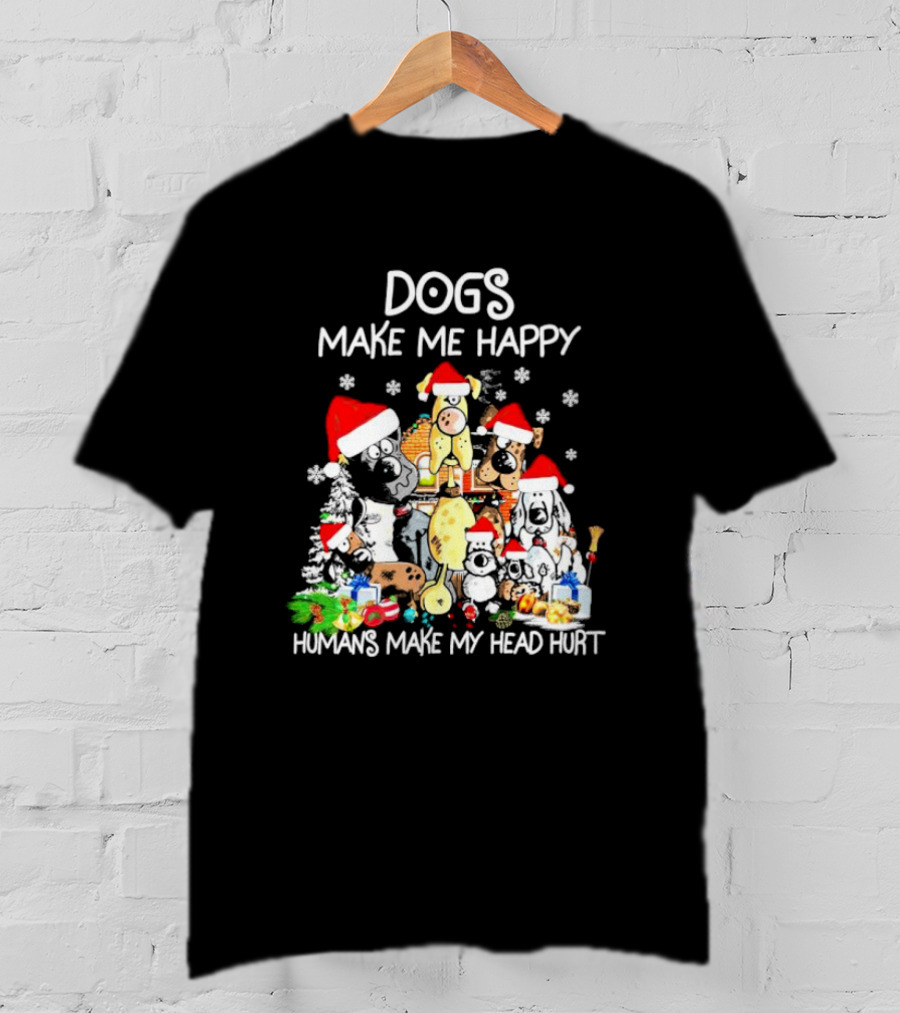 Dogs Make Me Happy Humans Make My Head Hurt Christmas Santa Hat Snowflakes T-Shirt