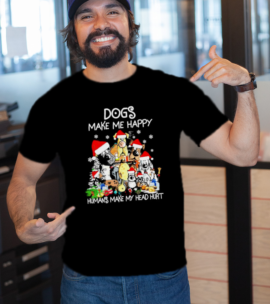 Dogs Make Me Happy Humans Make My Head Hurt Christmas Santa Hat Snowflakes T-Shirt