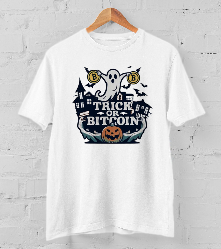 Trick Or Bitcoin Ghost Halloween With Haunted Houses And Pumpkin T-Shirt