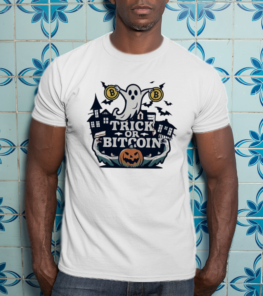 Trick Or Bitcoin Ghost Halloween With Haunted Houses And Pumpkin T-Shirt