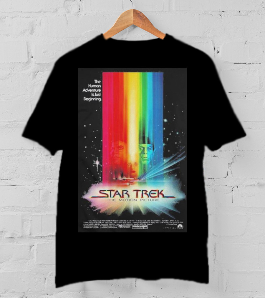 Star Trek The Motion Picture The Human Adventure Is Just Beginning Colorful Light Beams And Starry Background T-Shirt