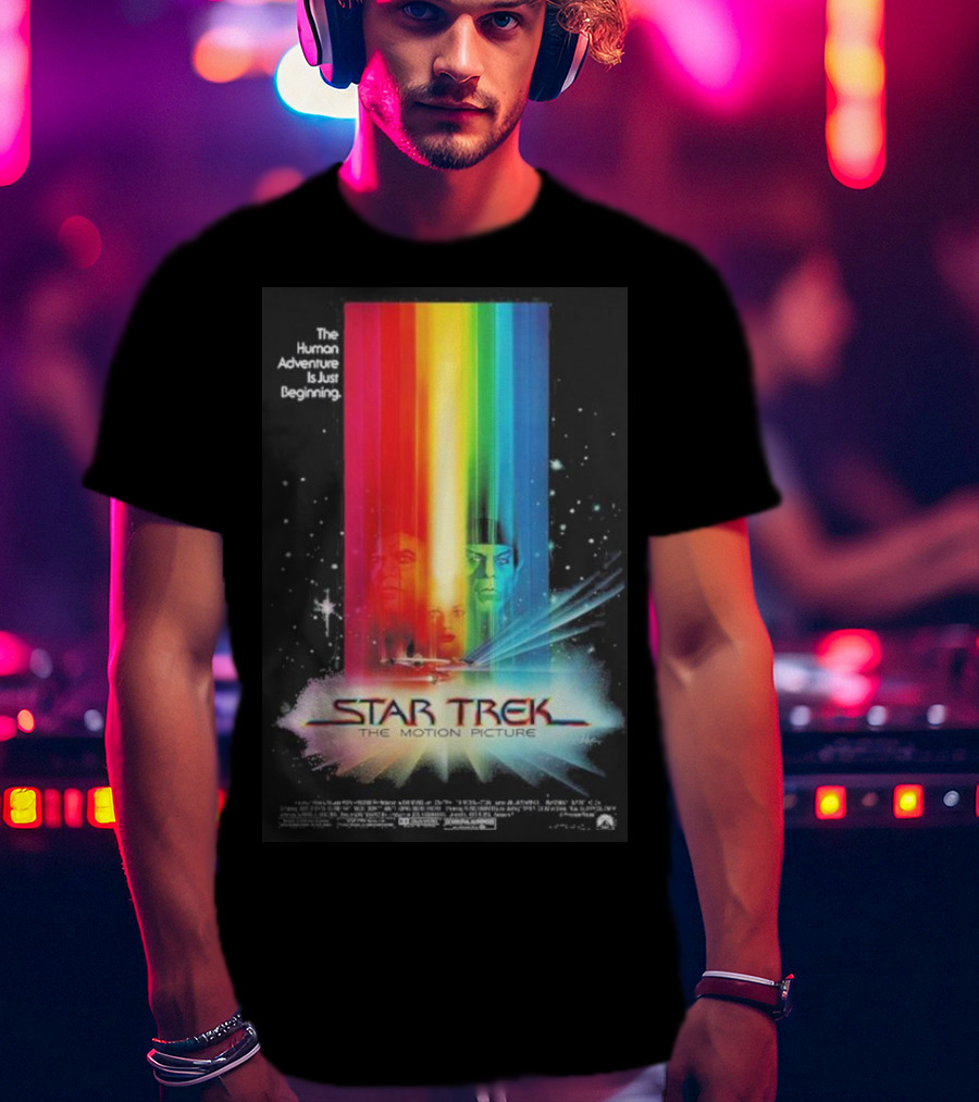 Star Trek The Motion Picture The Human Adventure Is Just Beginning Colorful Light Beams And Starry Background T-Shirt