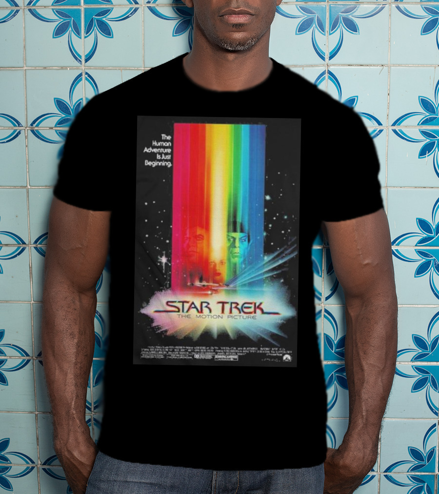 Star Trek The Motion Picture The Human Adventure Is Just Beginning Colorful Light Beams And Starry Background T-Shirt