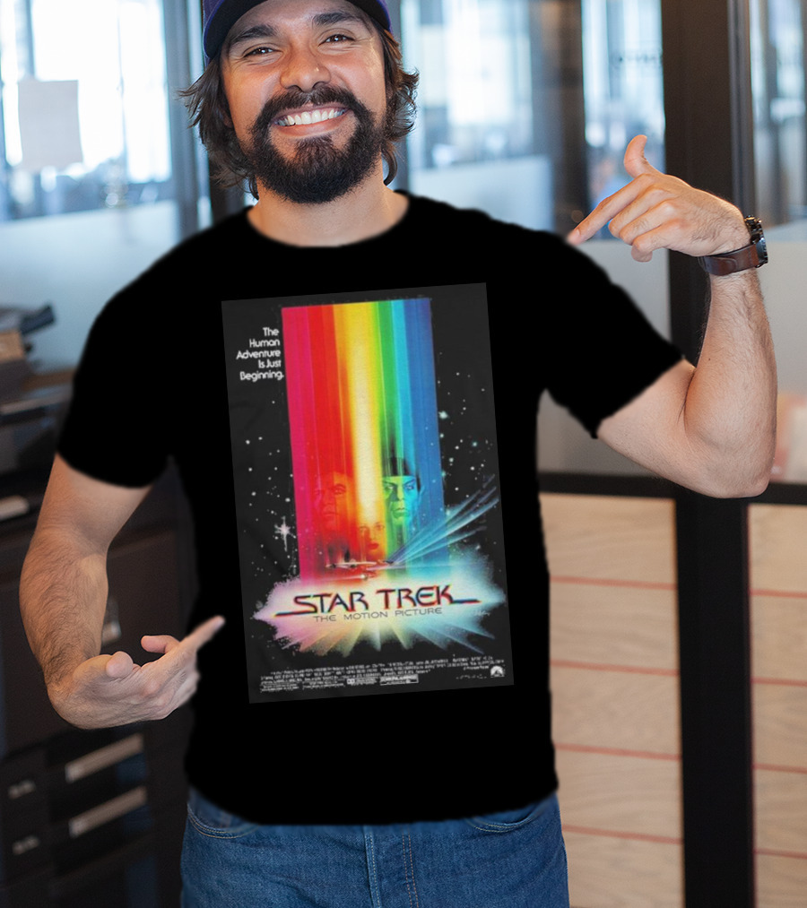 Star Trek The Motion Picture The Human Adventure Is Just Beginning Colorful Light Beams And Starry Background T-Shirt