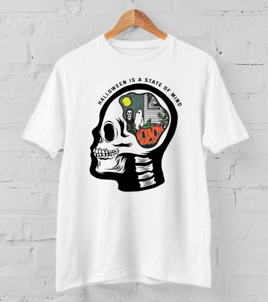 Halloween Is A State Of Mind Skull With Pumpkin And Ghosts T-Shirt